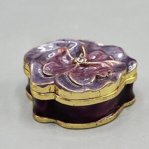 Work of Art Mini Trinket Box Enameled Pansy Flower Rhinestone Purple Shelf Decor